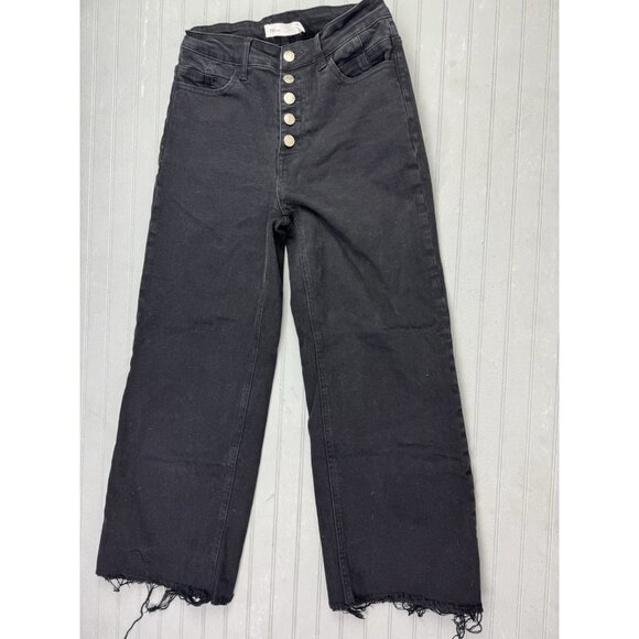 TNR Size 26 Womens Jeans Mid Rise Black Button Flt Crop Raw Hem Wide Leg - Picture 1 of 4